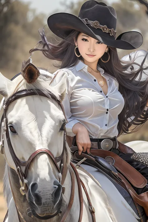 Nsfw, masterpiece, high resolution, face detailed, Japanese beautiful lady,  riding horse , at ranch, outdoors, big pure  black horse. Wear white transparent shirt, no bra. Look through breast, No closeup,grasp a cowboy pistol,