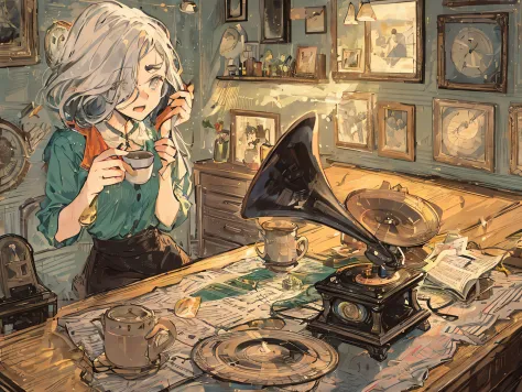 A cartoon-like girl immersed in music from a gramophone in her room. She is holding a cup of coffee on the desk, and is losing h...