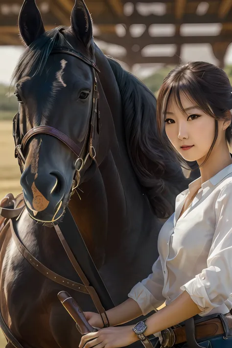 Nsfw, masterpiece, high resolution, face detailed, Japanese beautiful lady,  riding horse , at ranch, outdoors, big pure  black horse. Wear white transparent shirt, no bra. Look through breast, No closeup,grasp a cowboy pistol,