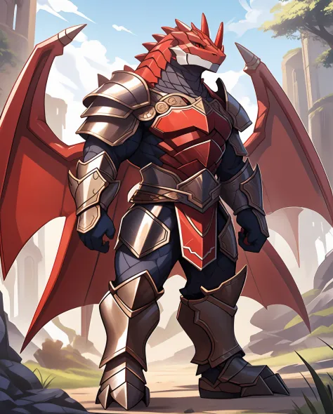 Anthropomorphic Lizard, light grey scales, full body red insect-like armor, red and white beetle-like wings, mighty red pinsers,...