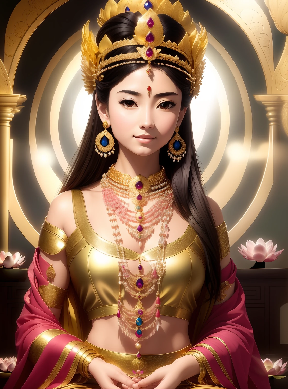 Beautiful 1 princess sitting on a huge lotus flower，Wearing a delicate gold crown，Full face，Lotus in hand，Barefoot on both feet，Such as out of the water hibiscus，The corners of the mouth are slightly upturned，Look at the camera with a gentle expression，choker necklace，Nobile，Yingluo，chest jewel，armour，jewelery，gem stones，Gorgeous and noble costumes，Cross-shoulder top，The sky behind the character has an aperture，Clear sky，A gorgeous fairyland-like Elysium，Clean and ethereal picture，Pure and stain-free，Light，Clean，stately，opulent，Pure Land，8k wallpaper，Amazing Cleavage，tmasterpiece,Goddess of wealth,Venerable goddess,Beautiful dream world，Magical fantasy，