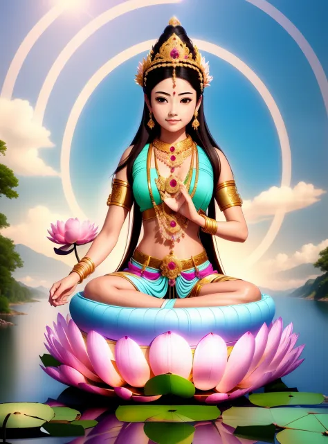 Beautiful 16-year-old princess sitting on a huge lotus flower，Wearing a delicate gold crown，Full face，Lotus in hand，Barefoot on ...