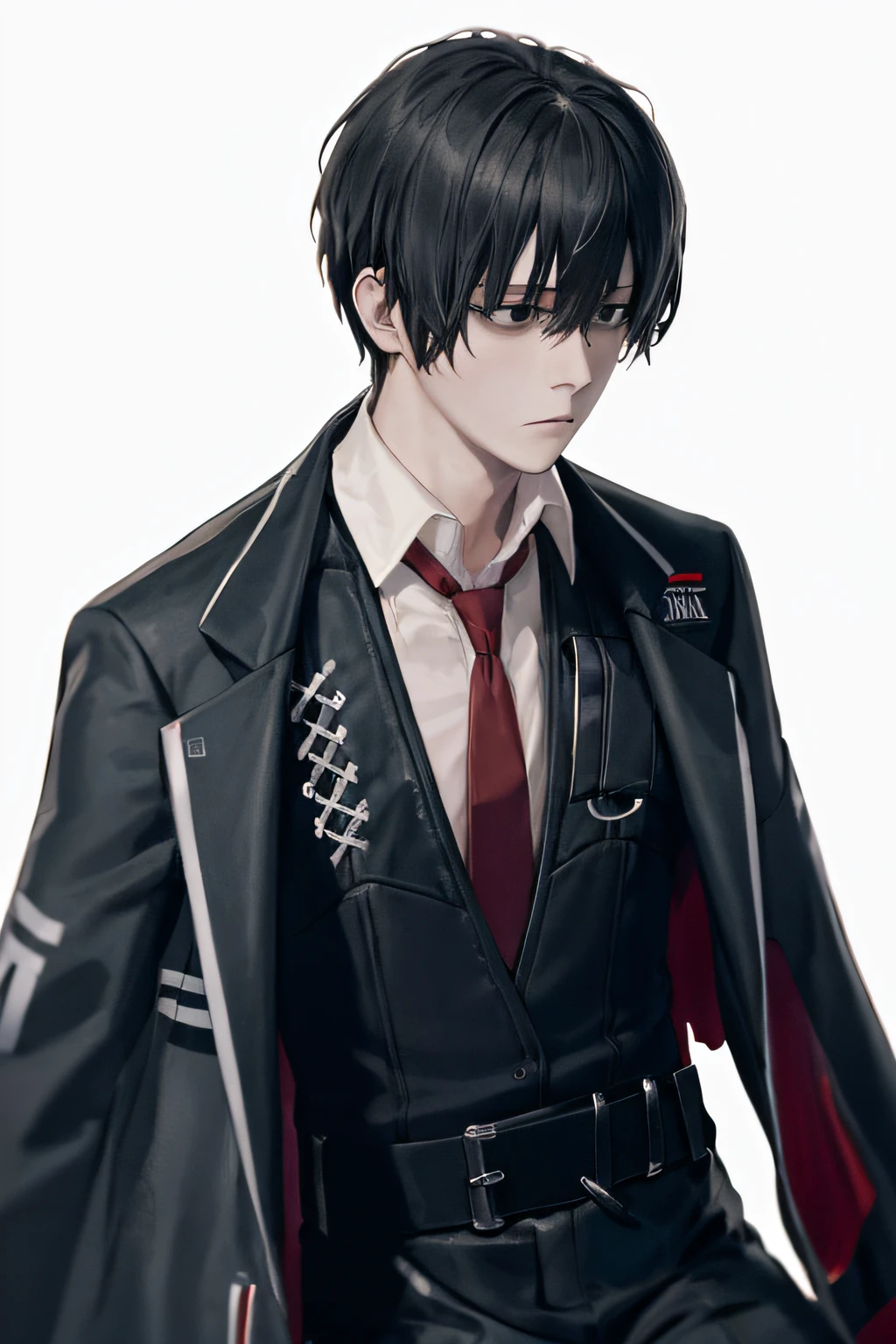 Soft lightning, (masutepiece, Best Quality), yisang_limbus, default_outfit, 1boy, Solo, red necktie, Black jacket, Black vest, jacket on shoulders, White shirt, Collared shirt, Black pants, Sitting, Looking away, (greybackground:1.2), Simple background,