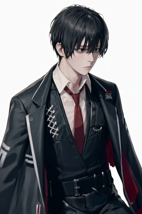 Soft lightning, (masutepiece, Best Quality), yisang_limbus, default_outfit, 1boy, Solo, red necktie, Black jacket, Black vest, j...