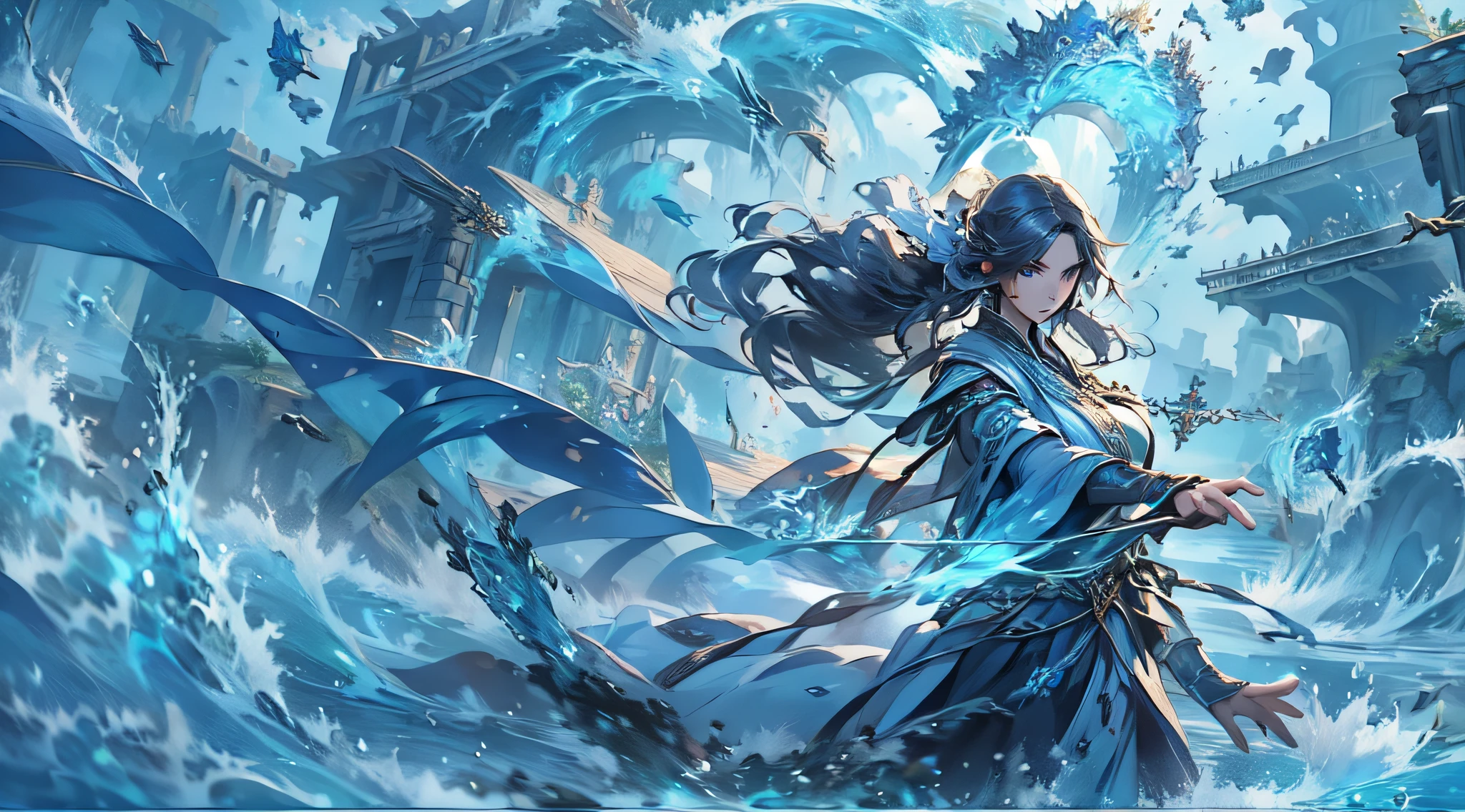 An illustration of a beautiful female priest who covers the city with a barrier of water. A priestess, her hair is long and golden. Her priestess eyes are blue and she is very beautiful. Her priestess skin is white and smooth. The priestess wears a white and blue dress. Her priestess dress is long and loose. The priestess' dress is decorated with lace. The priestess' staff is long and white. The tip of the wand is made of crystal. Arms up in the air, A water barrier covers the city. Water barriers are high and thick. Water barriers are transparent and transparent. The people of the city feel safe beyond the water barrier. The people of the city appreciate the priestess. Female priests love and protect the people of the city.