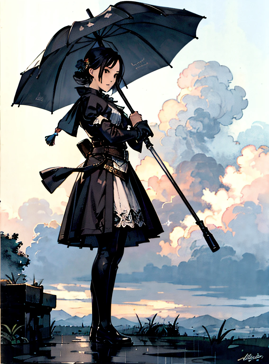 (obra de arte), (melhor qualidade), (Alta resolução),ângulo holandês,hyper detalhado, Sozinho, detalhado_fundo, paisagem, chuva, Nuvem, guarda-chuva, classe rpg, personagem de RPG