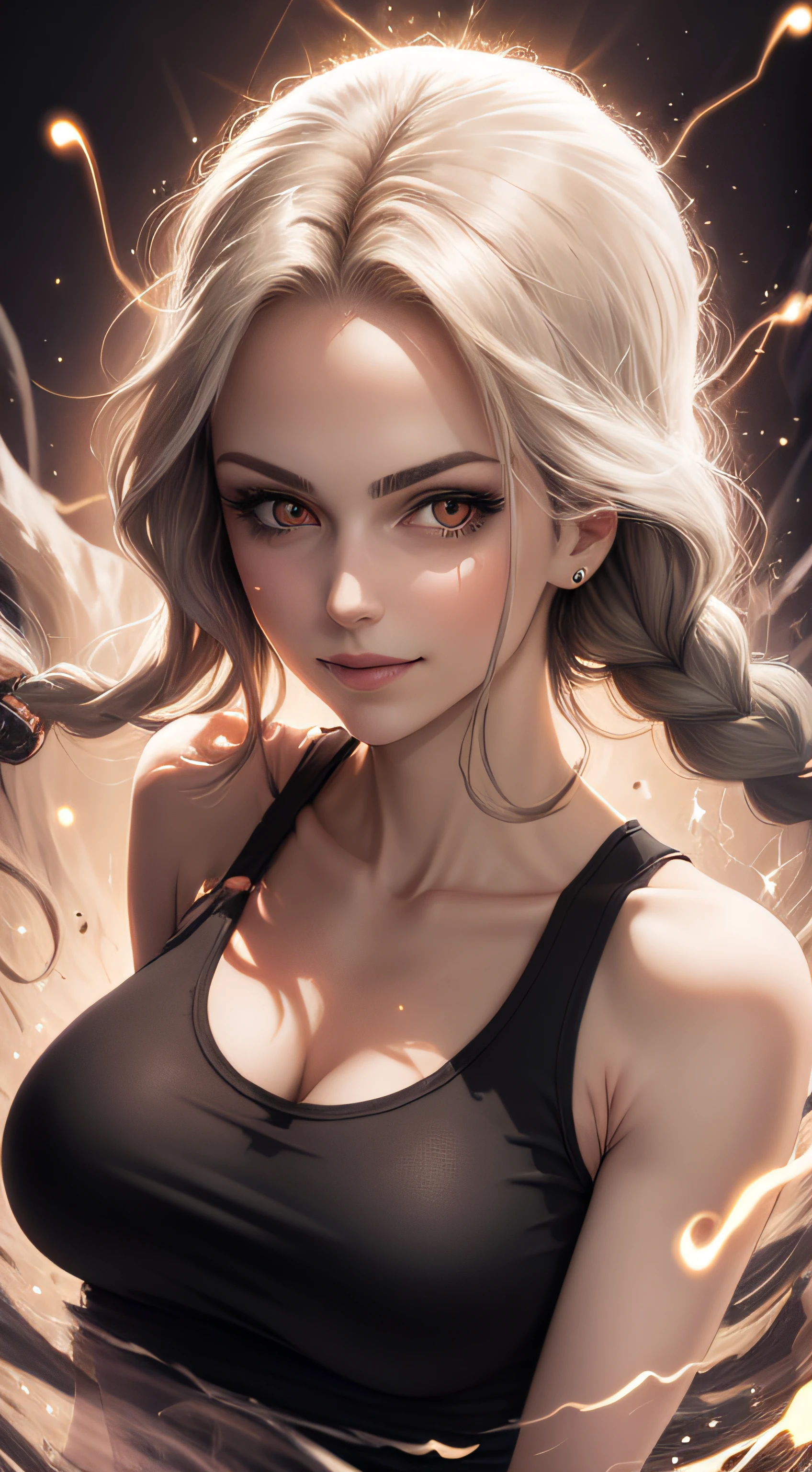 best quality, masterpiece, upper body, (adult:1.6) hungarian woman, (smirk:0.4), braided golden hair, sparkling eyes, floating light particles, centered, medium breasts, dynamic pose, wearing black torn tanktop