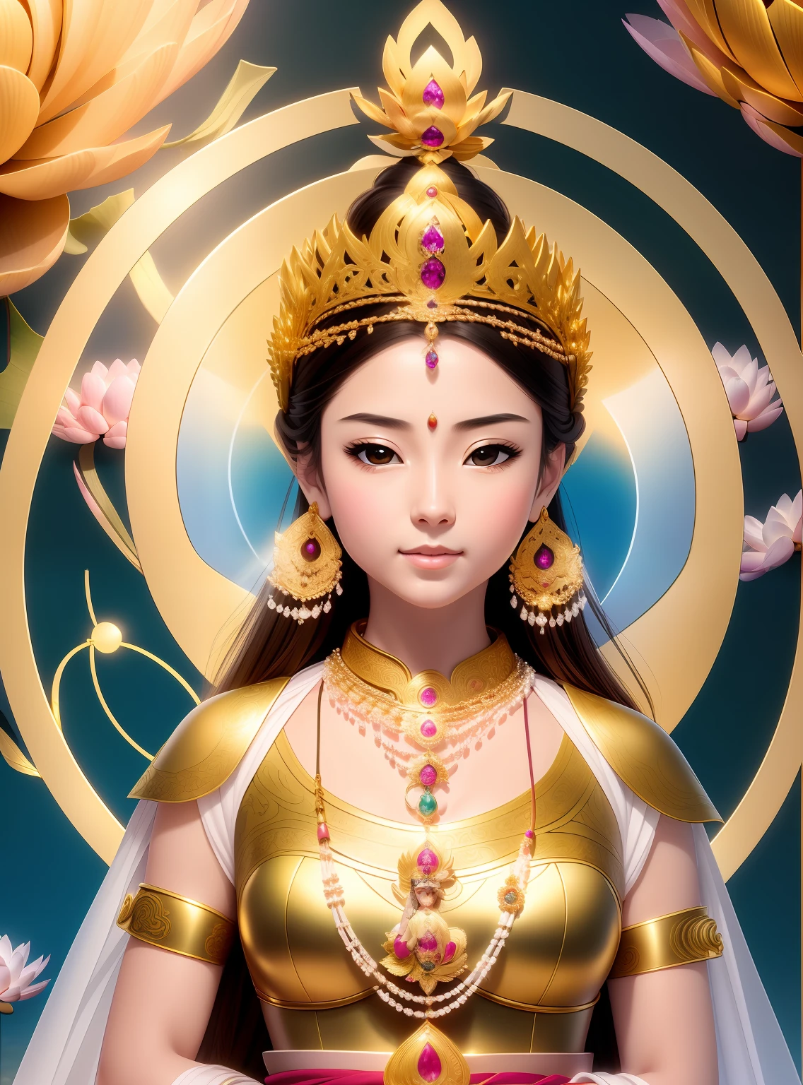 In Elysium，Beautiful 1 princess sitting on a large lotus flower，Wearing a delicate gold crown，Full face，Rounded jaw，A very blessed face，Lotus in hand，Barefoot on both feet，The corners of the mouth are slightly upturned，Look at the camera with a gentle expression，choker necklace，Nobile，Yingluo，chest jewel，Armour，jewelery，gem stones，Gorgeous and noble costumes，Cross-shoulder top，The sky behind the character has an aperture，Clear sky，A gorgeous fairyland-like Elysium，Jewelry decorates the space，The gold plate is filled with wishful orbs，Clean and ethereal picture，Pure and stain-free，Light，Clean，stately，opulent，Pure Land，8k wallpaper，Amazing Cleavage，tmasterpiece,Goddess of wealth,Venerable goddess,Beautiful dream world，Magical fantasy，