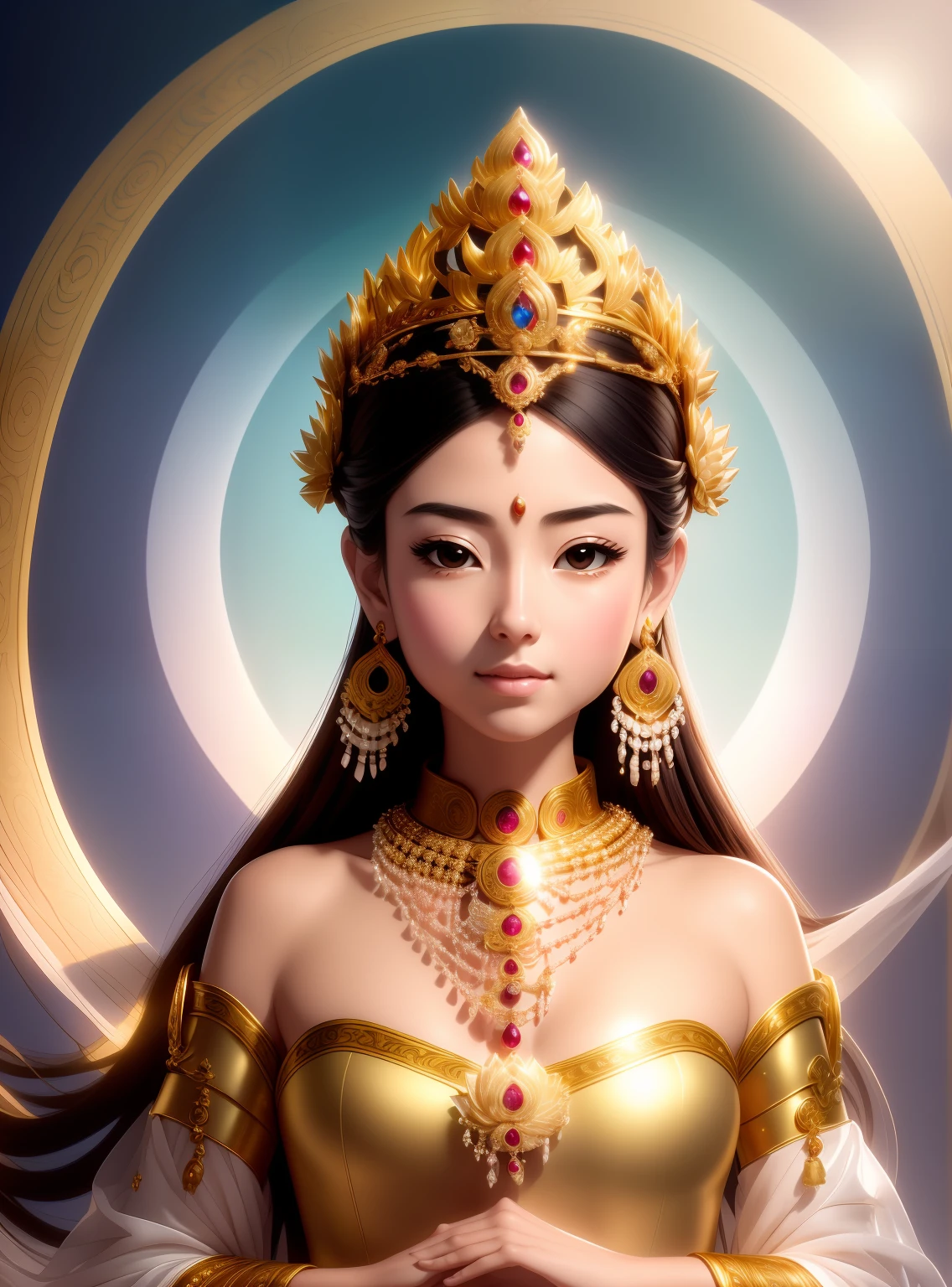 In Elysium，Beautiful 1 princess sitting on a large lotus flower，Wearing a delicate gold crown，Full face，Rounded jaw，A very blessed face，Lotus in hand，Barefoot on both feet，The corners of the mouth are slightly upturned，Look at the camera with a gentle expression，choker necklace，Nobile，Yingluo，chest jewel，Armour，jewelery，gem stones，Gorgeous and noble costumes，Cross-shoulder top，The sky behind the character has an aperture，Clear sky，A gorgeous fairyland-like Elysium，Jewelry decorates the space，The gold plate is filled with wishful orbs，Clean and ethereal picture，Pure and stain-free，Light，Clean，stately，opulent，Pure Land，8k wallpaper，Amazing Cleavage，tmasterpiece,Goddess of wealth,Venerable goddess,Beautiful dream world，Magical fantasy，