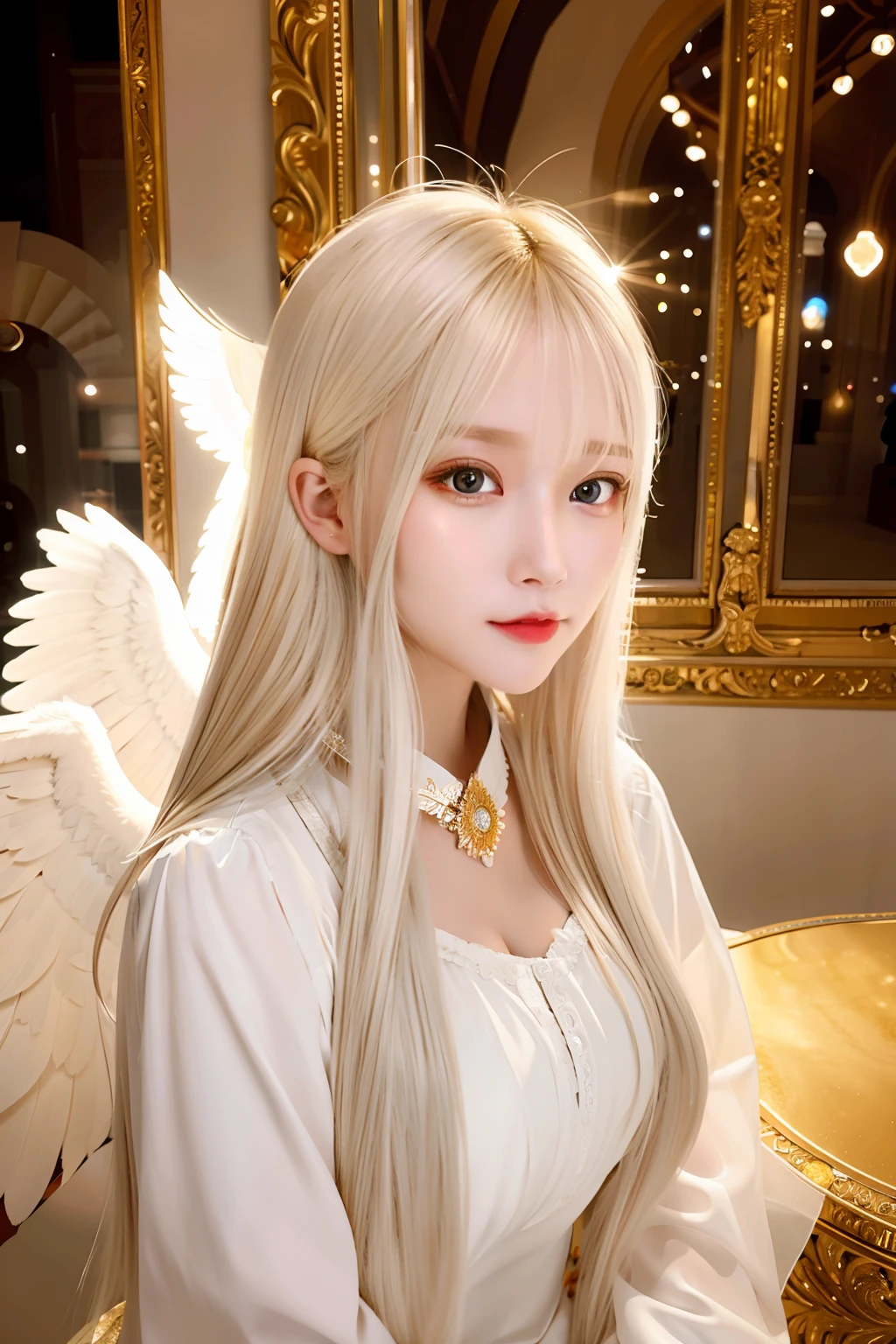 Masterpiece, Best quality, Ultra-detailed, illustration, Close-up, straight on, Face focus, 1girll, White hair, Golden eyes, Long hair, Halo, Angel wings, Serene expression, view the viewer