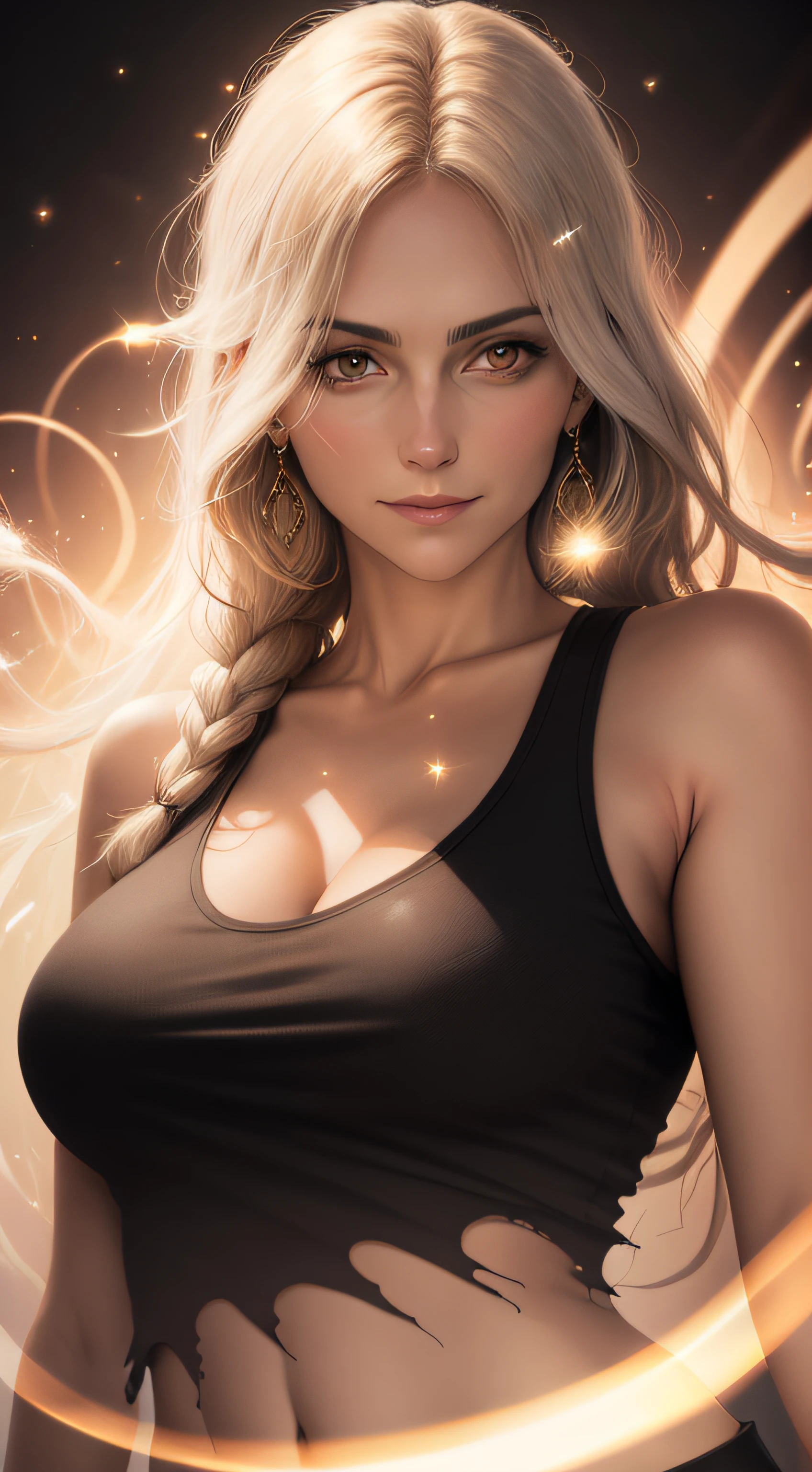 best quality, masterpiece, portrait, (adult:1.6) hungarian woman, (smirk:0.4), braided golden hair, sparkling eyes, floating light particles, centered, medium breasts, wearing black torn tanktop