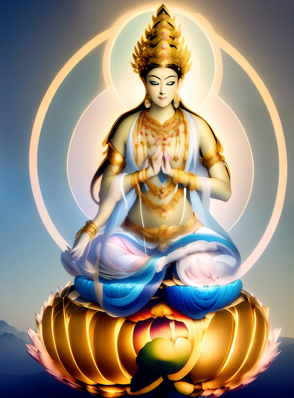 In Elysium，Beautiful 1 princess sitting on a large lotus flower，Wearing a delicate gold crown，Full face，Rounded jaw，A very happy face，Lotus in hand，Barefoot on both feet，The corners of the mouth are slightly upturned，Look at the camera with a gentle expression，choker necklace，Nobile，Yingluo，chest jewel，Armour，jewelery，gem stones，Gorgeous and noble costumes，Cross-shoulder top，The sky behind the character has a transparent aperture，Background of clear sky，A gorgeous fairyland-like Elysium，Jewelry decoration space，The gold plate was filled with orbs，Clean and ethereal picture，Pure and stain-free，Light，Clean，stately，opulent，Pure Land，8k wallpaper，Amazing Cleavage，tmasterpiece,Goddess of wealth,Venerable goddess,Beautiful dream world，Magical fantasy，