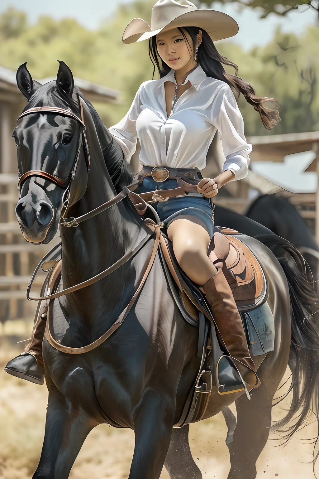 There is a woman riding a horse in a cowboy outfit - SeaArt AI