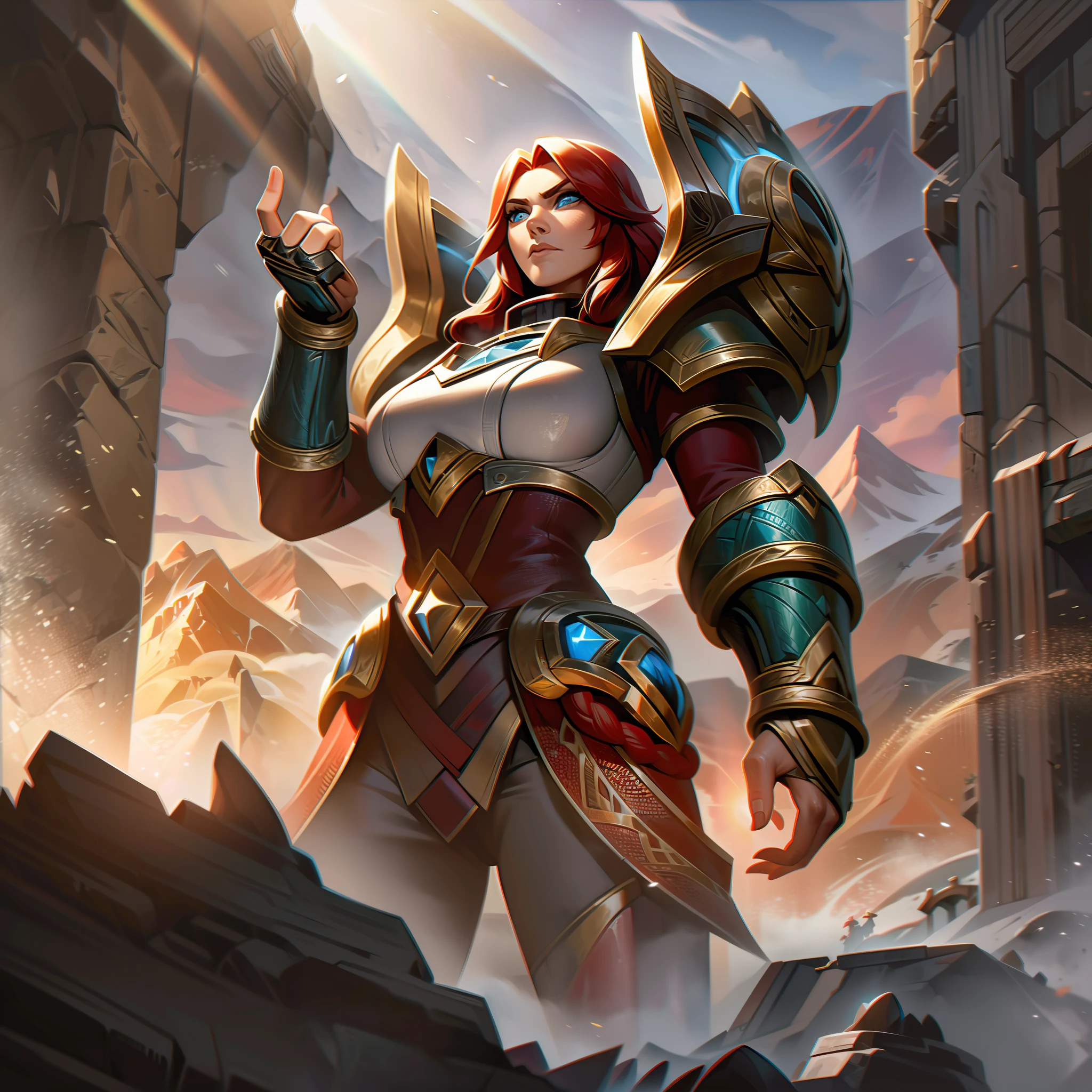 Dans le majestueux splash art du skin de base "Astrid de Forgefer," une scène à couper le souffle se déroule sur fond d&#39;une imposante chaîne de montagnes à Lerquoish. Astrid, le guerrier nain, se tient résolument à l&#39;avant-garde, Vêtu d&#39;une armure complexe, reflétant la lumière du soleil couchant. Son puissant marteau, La vengeance d&#39;Hauras, est fermement serré dans ses mains, portant les marques d&#39;innombrables batailles. Les rayons du soleil dansent sur sa barbe rousse et ardente, et la détermination brille dans ses yeux bleus perçants. Autour d&#39;elle, les montagnes témoignent de la force et de la résilience de son peuple, tandis que d&#39;anciennes runes gravées dans la pierre murmurent des récits de légendes passées depuis longtemps. L&#39;ensemble du tableau dégage un sentiment de fierté durable et d&#39;esprit indomptable., alors qu&#39;Astrid se prépare à relever les défis qui l&#39;attendent dans les Chroniques de Chrysogi.