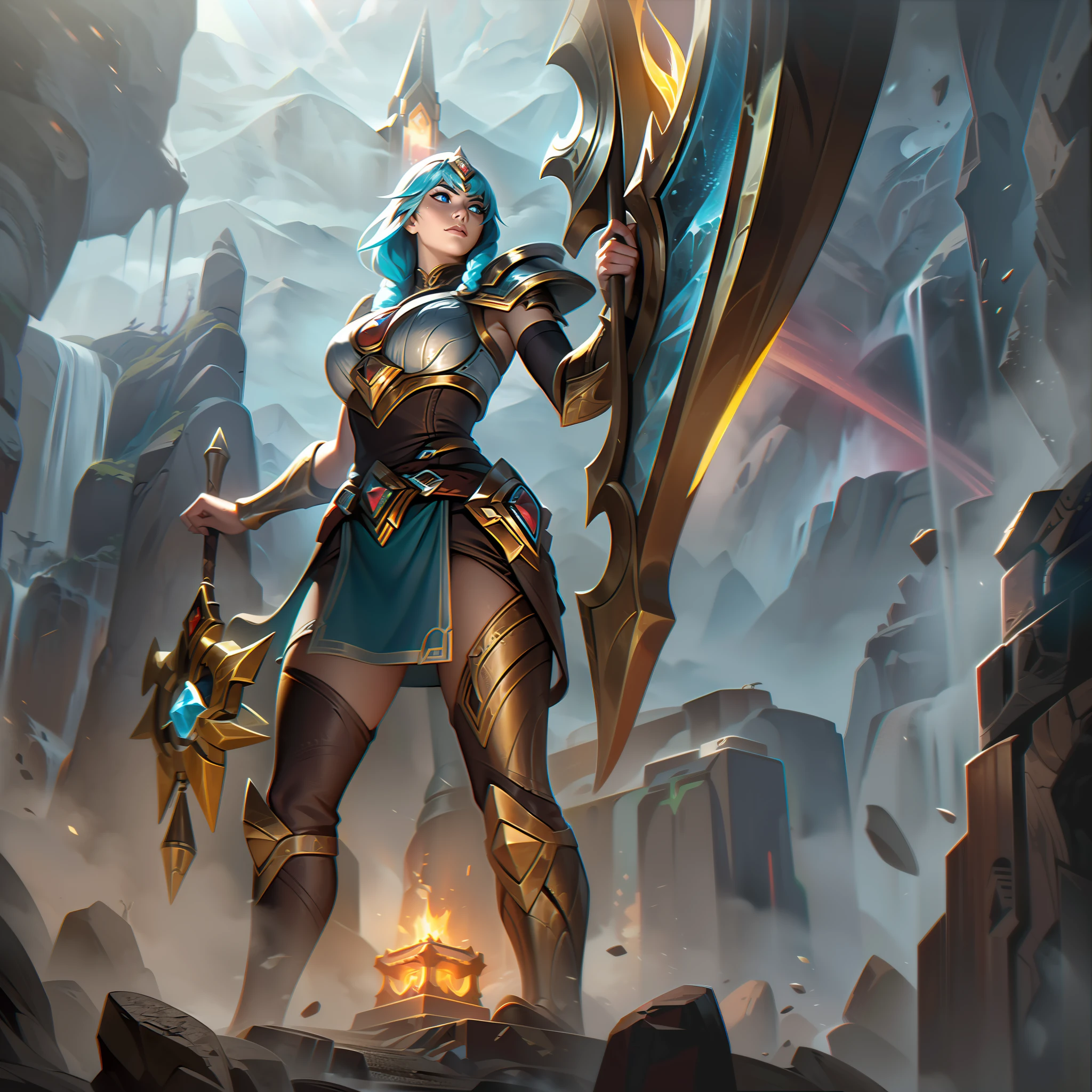 In der Basis-Skin Splash Art von "Ironforge Astrid," der mächtige Zwergenkrieger steht hoch erhoben und entschlossen inmitten der majestätischen Lerquoish-Berge. Verkleidet mit aufwendig gearbeiteten, glitzernde Zwergenrüstung, Astrid schwingt ihren legendären Hammer, "Hauras‘ Rache," von dem ein schwacher, feuriges Glühen, deutet auf die rohe Kraft hin, die es nutzt. Ihr robuster Körperbau strahlt Entschlossenheit aus, und ihre durchdringenden blauen Augen spiegeln ihre unerschütterliche Loyalität gegenüber ihrem Reich wider. Der rauschende Wasserfall im Hintergrund spiegelt die Stärke ihres Geistes wider, während die in der Ferne brennenden Schmiedefeuer ihre Verbindung zu Hauras symbolisieren, der Schmiedemeister. Das Sonnenlicht bricht durch die Wolken, wirft einen strahlenden Glanz auf Astrid, und unterstreicht ihre Rolle als Leuchtfeuer der Hoffnung inmitten des drohenden Sturms, und das Wappen von Lerquoish auf ihrem Brustpanzer dient als Zeugnis des Erbes ihres Volkes. Das Basis-Skin-Splash-Artwork verkörpert Astrids unbezwingbaren Geist und die Weite ihrer Suche, Lerquoish zu beschützen und Harmonie in die Reiche von Chrysogi zu bringen..