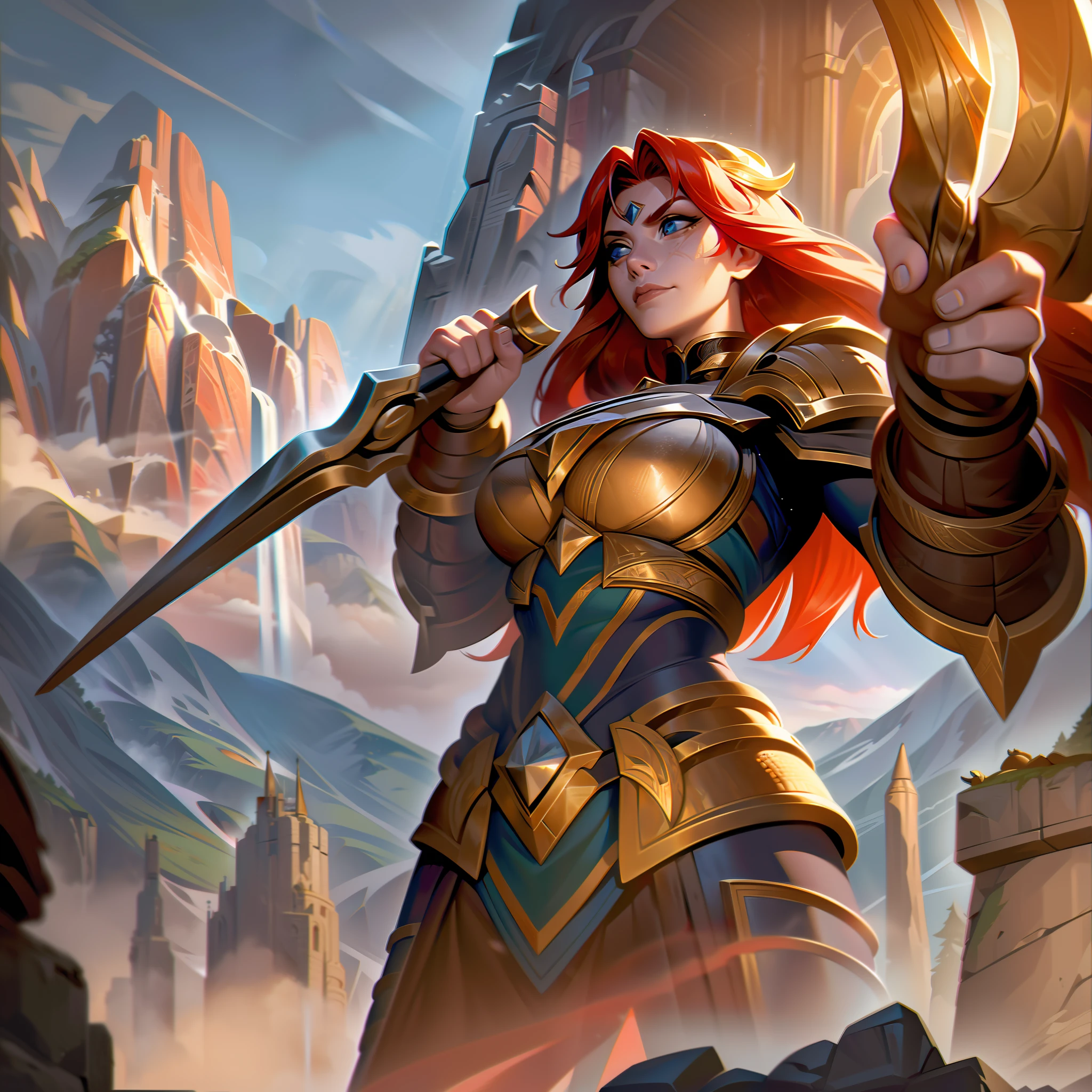 In the majestic splash art of the base skin "Ironforge Astrid," a breathtaking scene unfolds against the backdrop of a soaring mountain range in Lerquoish. Astrid, the dwarven warrior, stands resolute at the forefront, clad in intricately crafted armor, reflecting the light of the setting sun. Her mighty hammer, Hauras' Vengeance, is gripped firmly in her hands, bearing the marks of countless battles. The sun's rays dance upon her fiery red beard, and determination gleams in her piercing blue eyes. Around her, the mountains bear witness to the strength and resilience of her people, while ancient runes etched into the stone whisper tales of legends long past. The entire painting exudes a sense of enduring pride and indomitable spirit, as Astrid prepares to face the challenges that lie ahead in the Chronicles of Chrysogi.