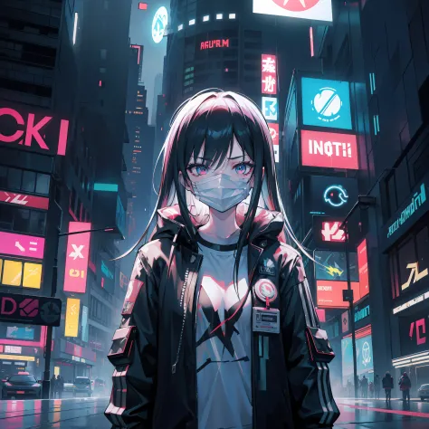 white girl wearing a cyberpunk mask, cyberpunk city background, people and cars in the background, light rain, neon lights, great lighting, cartoon style, low saturation colors, 2d, flat, t-shirt design
