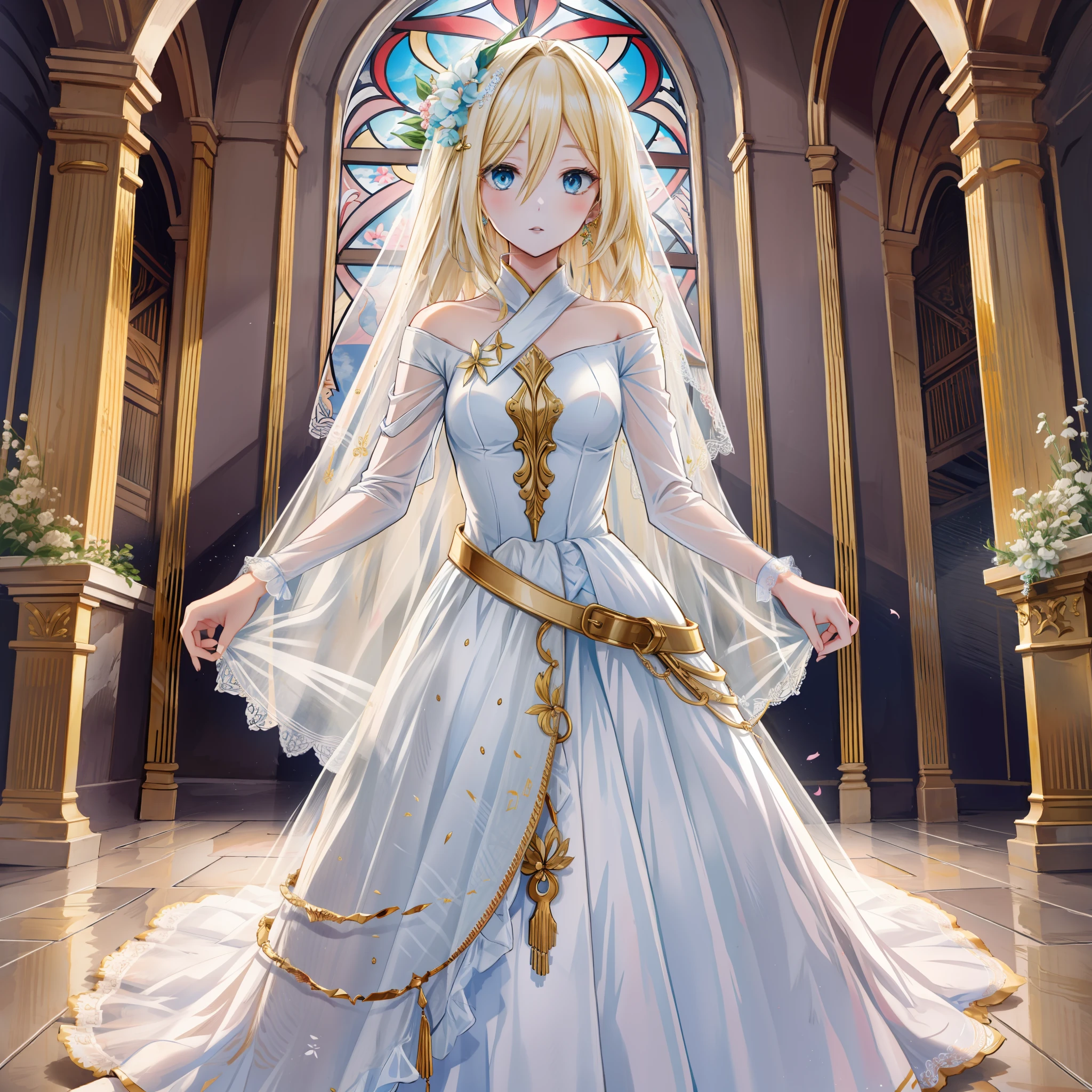 top-quality,​masterpiece,Masterpiece,8k,high-level image quality,1人の女性,1girl,独奏,Crystalla Lens,Golden hair,blondehair,a blond,straight haired,Light blue eyes,wedding dress,White dress,Meticulous decoration,Dresses with delicate decorations,chies,View of the church,Walking,full bodyesbian,face in view,detailed face depiction,