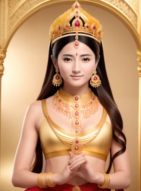 in elysium，beautiful 16-year-old princess sitting on a large lotus flower，wearing a delicate gold crown，full face，rounded jaw，lo...