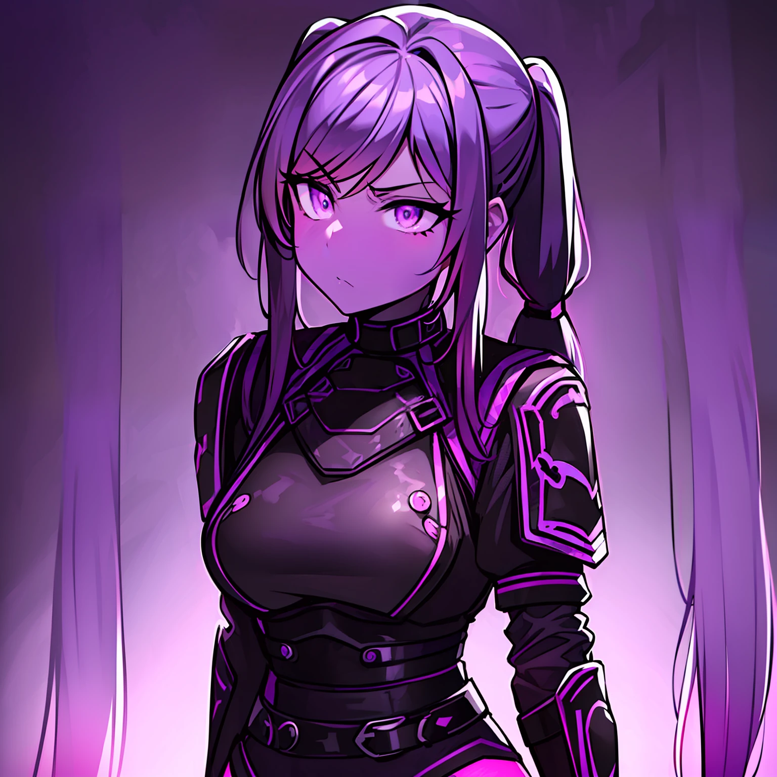 ((masterpiece, best quality)), (1girl), (solo), (female focus), (purple skin), ((gradient hair), (pigtails), (black to purple)), purple eyes, glowing eyes, ((leather clothing, black), (black armour)), lilac skin color, colored skin, [furious:sad:0.8], serious, extremely detailed, cute, intricate, outdoors, white background, arms behind back, dynamic angle, Ink painting standing