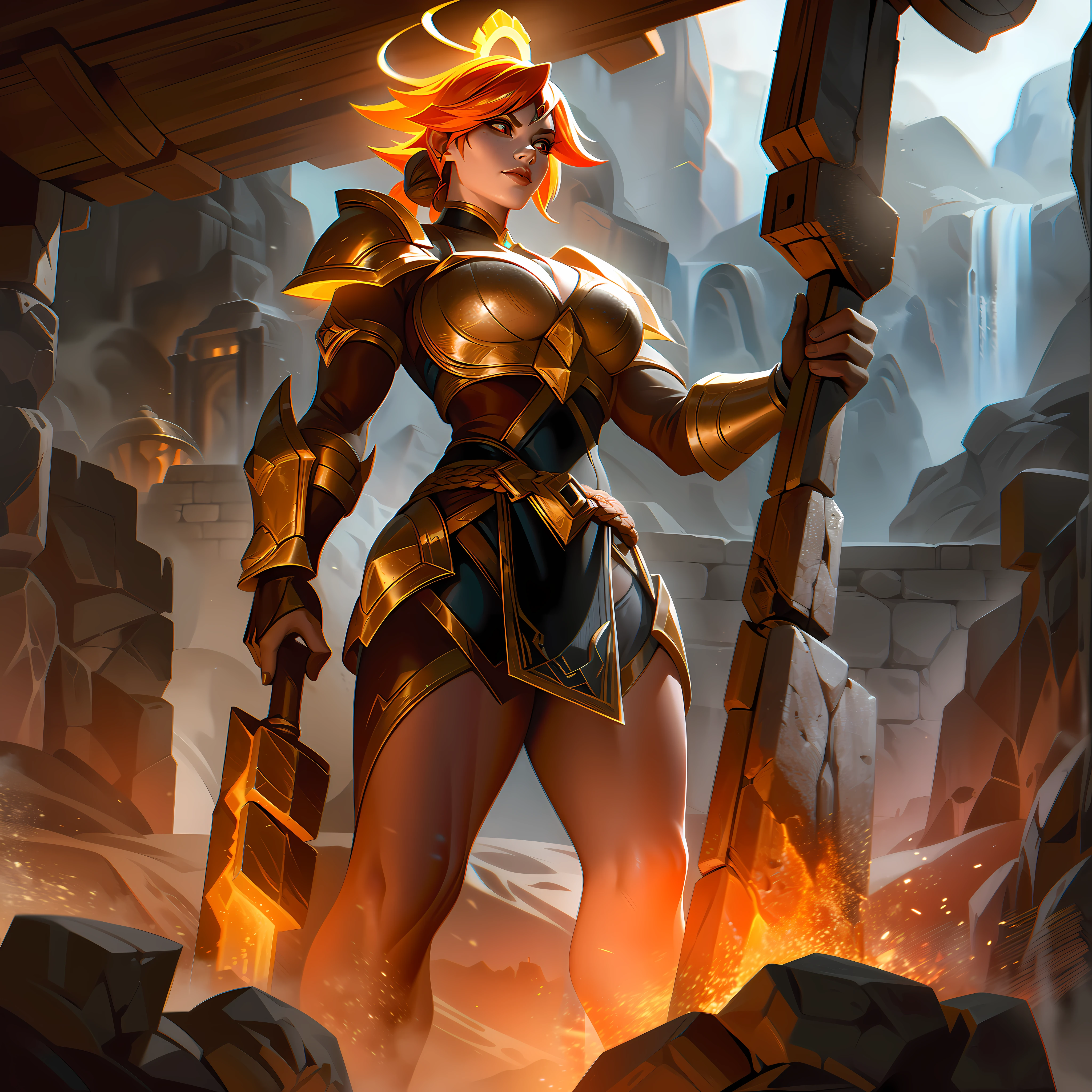 In the fiery depths of an ancient forge, the Molten Core Astrid stands tall and resolute. Clad in armor forged from blazing lava hues, Astrid's dwarven craftsmanship shines through every meticulous detail. Her iconic hammer, Hauras' Vengeance, glows with molten energy, radiating heat and power. Behind her, the forge's molten metal cascades in mesmerizing rivulets, casting an intense glow that highlights Astrid's determined expression. The sparks dance around her, forming a fiery halo that enhances her aura of unwavering strength. The background shows the silhouette of towering mountains, symbolizing the impenetrable mountains of Lerquoish she calls home. Molten Core Astrid stands as a testament to the indomitable spirit of the dwarves, ready to unleash the scorching fury of her abilities upon any who dare challenge her realm.