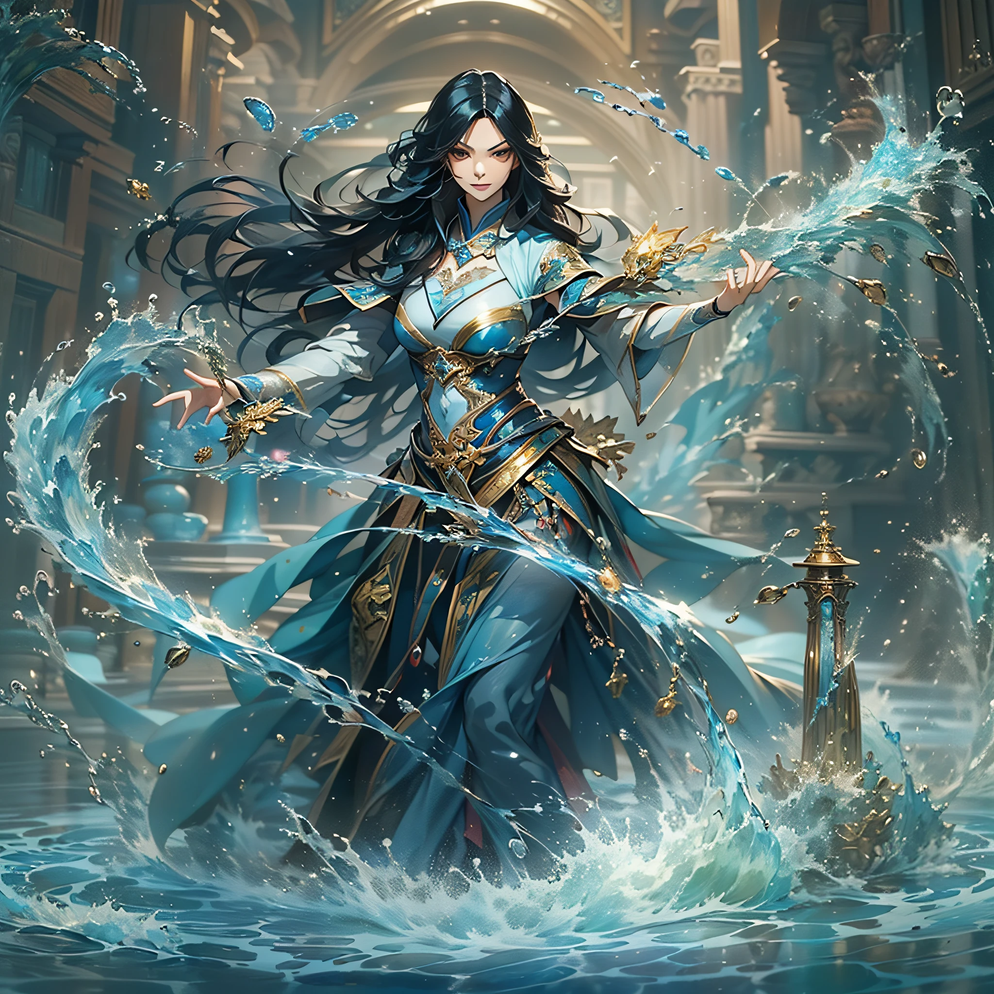 ((A beautiful female magician with long black hair who manipulates water creates several lancers from a block of water)):1.8、Full body like、Standing statue、​masterpiece、realisitic