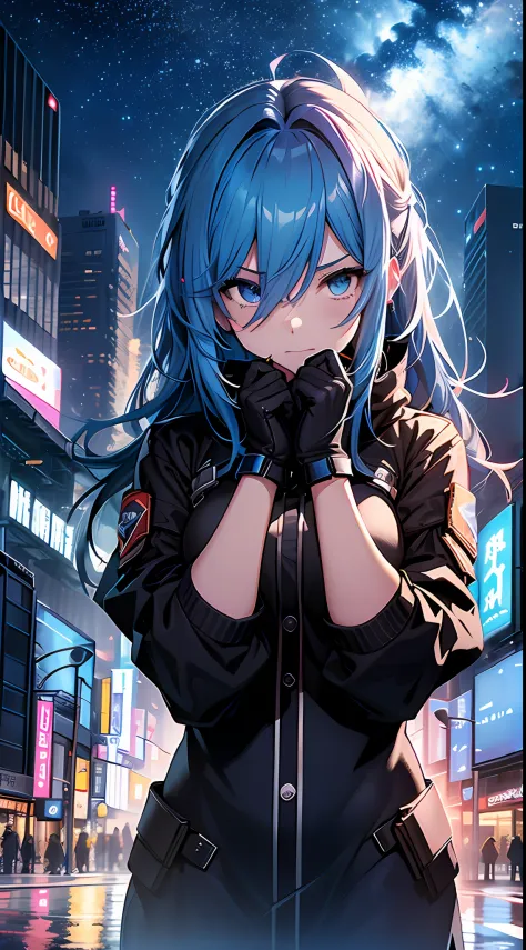Girl in exciting battle scenes，The breeze ruffled her wild blue hair。Her gesture is longing，cradling hands，leaning-forward，Prepare for the challenge。There was not the slightest fear on her face。，Only perseverance and determination can break through，Enchant...