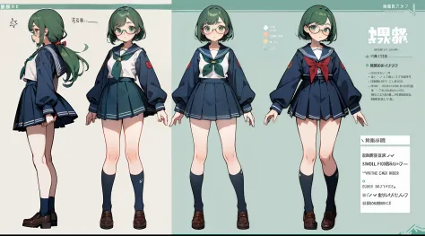 ((Masterpiece, highest quality)), detailed face, character sheet, Full body, full of details, multiple poses and expressions, highly detailed, depth, many parts, 1girl, school uniform, seifuku, sailor uniform, long sleeves, green hair, short, flat chest, w...