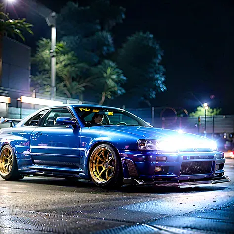 There was a blue car driving down the street, Wide body, japanese drift car, epic stance, Blue headlights, with cool headlights,...