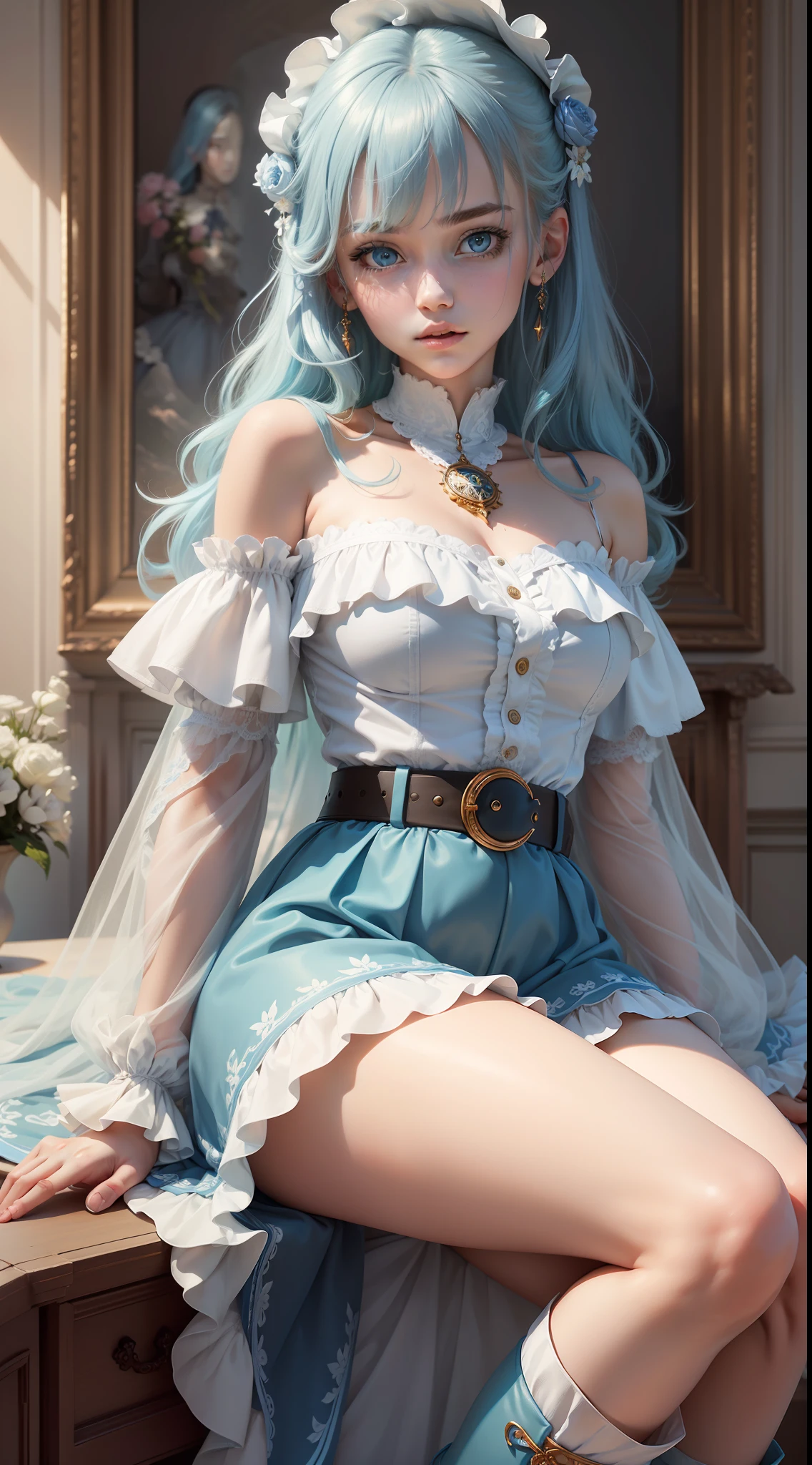 high high quality，tmasterpiece，Delicate facial features，Delicate hair，Delicate eyes，Two-dimensional girl，Long light blue hair，blue colored eyes，skirt with frills，Blue and white lace dress，Dreamy style, fantasy style clothing, The clothes are blue and white and off-the-shoulder，Blue and white belt，Short blue skirt，White socks，Blue high boots，infinite details，The proportions are correct，Picture quality HD，full bodyesbian，MagazineCover，8K high quality detailed art（Delicate facial portrayal）（Fine hair portrayal）（highest  quality）（Master masterpieces）（High degree of completion）（a sense of atmosphere）8k wallpaper，tmasterpiece，Best quality at best，ultra - detailed