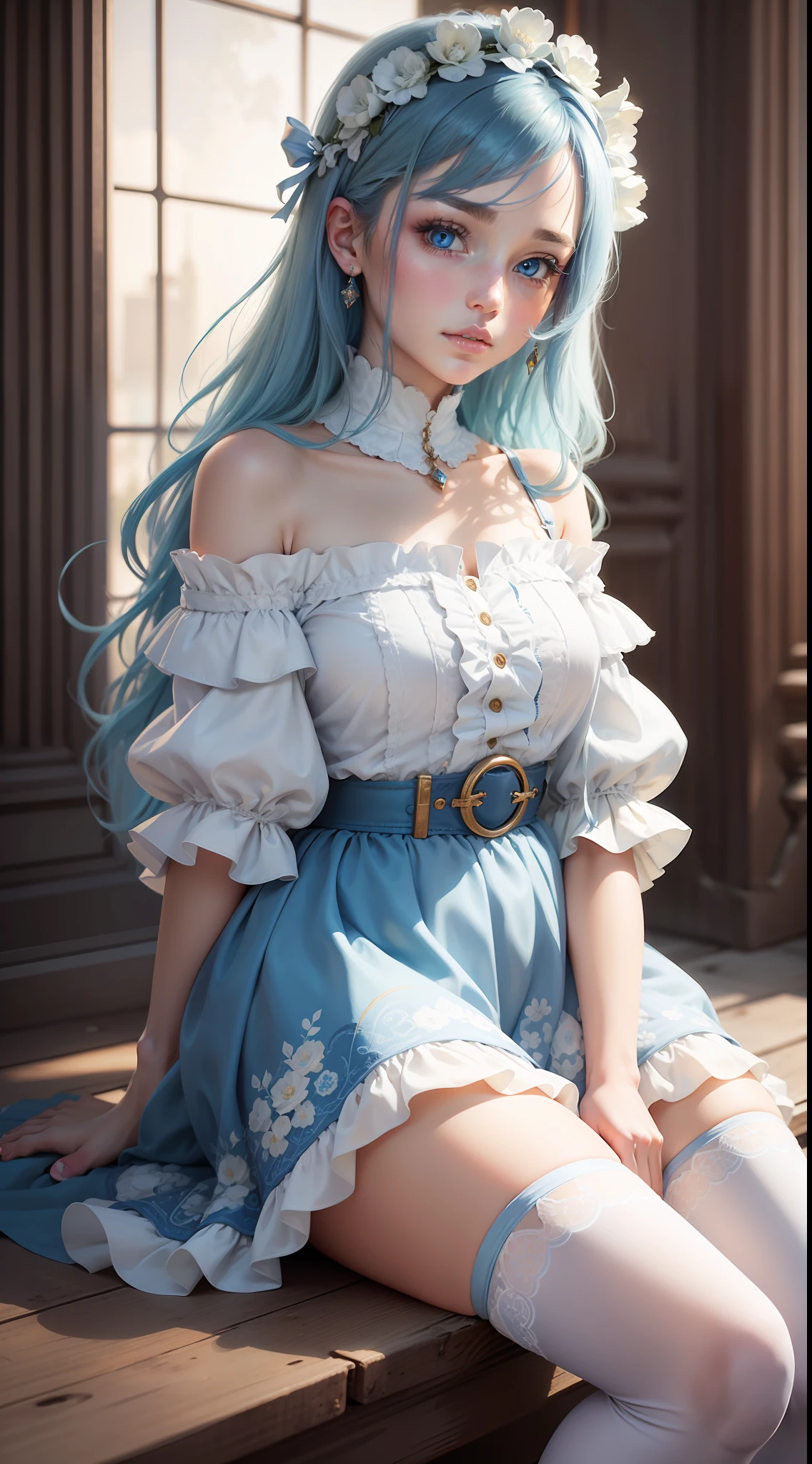 high high quality，tmasterpiece，Delicate facial features，Delicate hair，Delicate eyes，Two-dimensional girl，Long light blue hair，blue colored eyes，skirt with frills，Blue and white lace dress，Dreamy style, fantasy style clothing, The clothes are blue and white and off-the-shoulder，Blue and white belt，Short blue skirt，White socks，Blue high boots，infinite details，The proportions are correct，Picture quality HD，full bodyesbian，MagazineCover，8K high quality detailed art（Delicate facial portrayal）（Fine hair portrayal）（highest  quality）（Master masterpieces）（High degree of completion）（a sense of atmosphere）8k wallpaper，tmasterpiece，Best quality at best，ultra - detailed