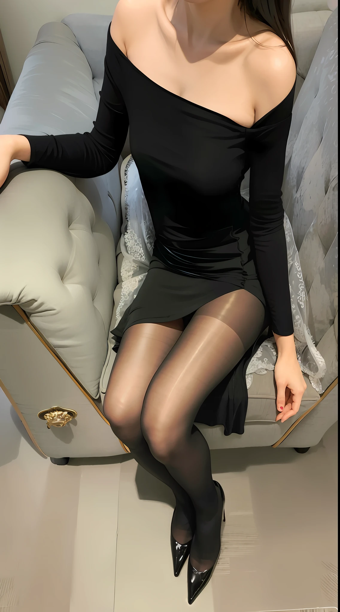 There was a woman sitting on a couch wearing tight stockings, pantyhose  tights, nylon tights, Tights, Tights - SeaArt AI