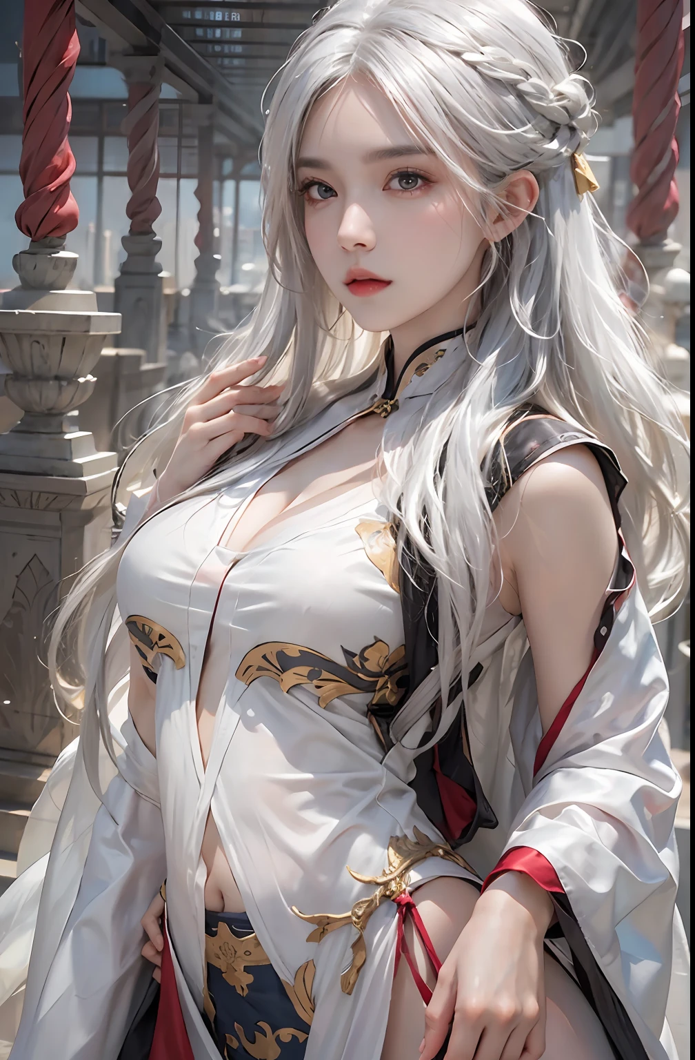 photorealistic, high resolution, 1women, solo, hips up, look at viewer, (detailed face), white hair, long hair, medium breasts, Taoist