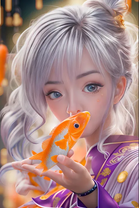 Beautiful girl playing with a bowl of water or fish, Gamine, is playing  happily, Fish, swirling schools of silver fish - SeaArt AI