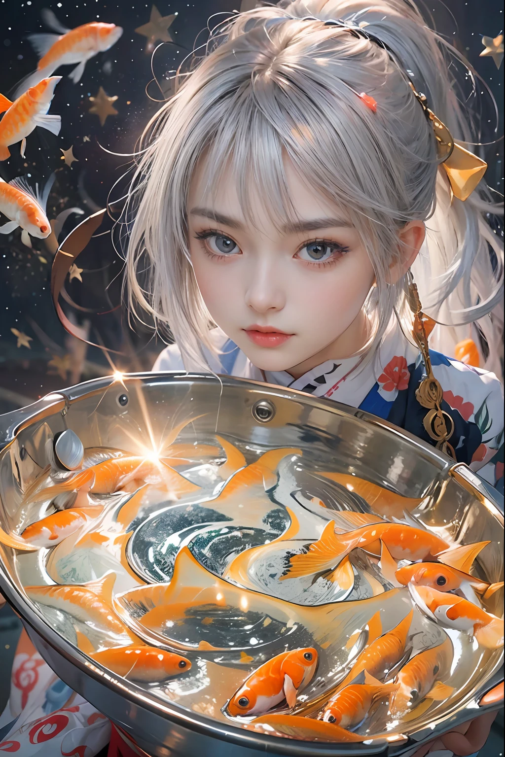 beautiful girl is scooping goldfish,japanese Bon dance、Open air at night shop, silver hair, split ponytail, star-shaped pupils, Conceptual art, Art Nouveau, glowing light, UHD, textured skin, masterpiece, anatomically correct, best quality, 8k