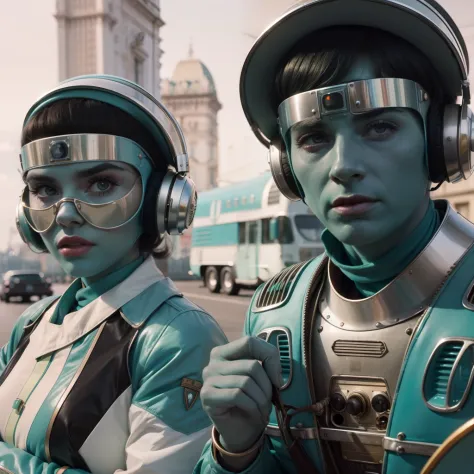 4k image from a 1960s science fiction film by Wes Anderson, Filme O Grande Hotel Budapeste, pastels colors, Young people wearing retrofuturistic alien masks and holding colorful suitcases and chests on the bus, Retro-futuristic fashion clothes from the 60s...