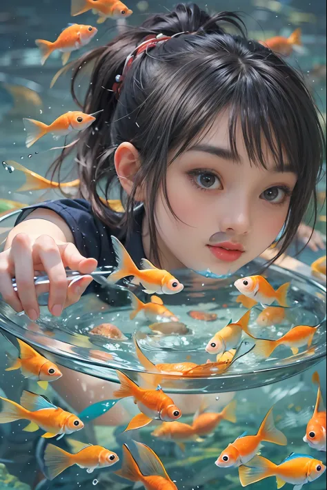 Beautiful girl playing with a bowl of water or fish, Gamine, is playing  happily, Fish, swirling schools of silver fish - SeaArt AI