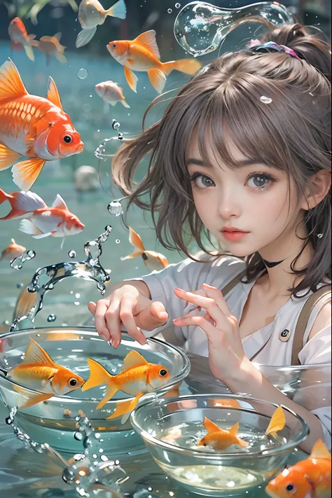 Beautiful girl playing with a bowl of water or fish, Gamine, is playing  happily, Fish, swirling schools of silver fish - SeaArt AI