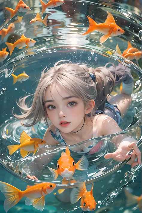 beautiful girl playing with bowls of water or fish, kids, having a good time, Fish, swirling schools of silver fish, Floating go...
