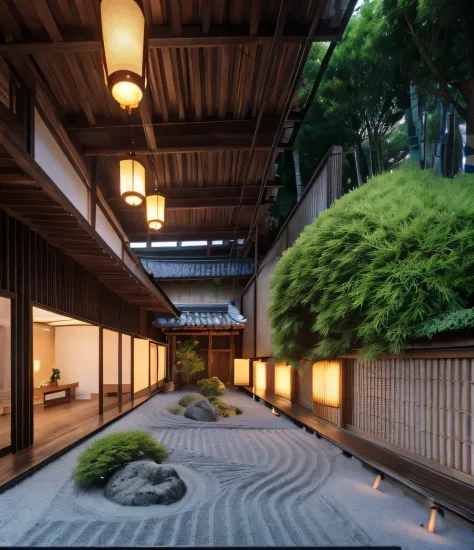 A photo of indoor garden, Zen garden, indoors, exterior, trees, green architecture, lantern light, sand, bamboo, forest, architecture visualisation, photography, 8k, masterpiece, ultra quality