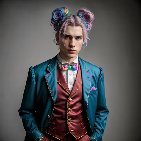 Full body length Photorealism of a man, wearing organza , with rainbow colored pig tails hair , red victorian suit, background victorian  castle stylish epic photo, studio lighting, hard light, sony a7, 50 m