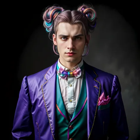 Full length Photorealism of a man, wearing organza , with rainbow colored pig tails hair , red victorian suit, background victorian stylish epic photo, studio lighting, hard light, sony a7, 50 m