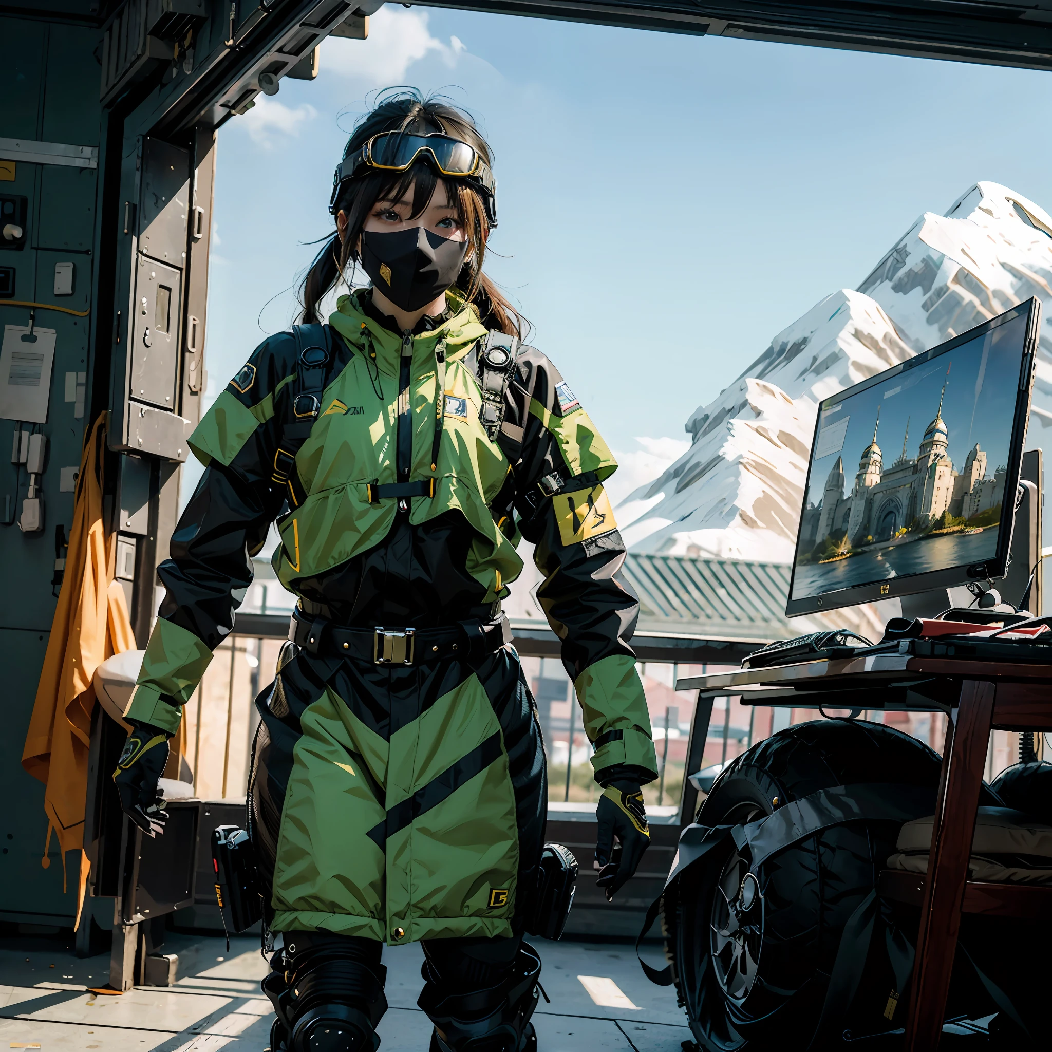 in a panoramic view，photorealestic，cyber punk style，Blue sky, Fly a sci-fi plane，A military base at the foot of the modern Great Wall，3girl，Wear black Chinese high-tech clothing，Dressed in gorgeous gold Chinese high-tech armor，Wearing a gold high-tech helmet，Black high-tech mask，High-tech goggles，High-tech equipment hangs on the body，High-tech motorcycle，High-tech combat vehicles，Armed with a sci-fi sabre，Carry a sci-fi rifle，Standing in front of a military base，Sharp eyes，professinal，Meistwick，commissioned，best qualtiy，color corrected，After fixation，Retouching，Improvement，Epic，Tone-mapping，the detail， highly  detailed， digitial painting， art  stations， Conceptual map of the long dam， Smoothness， Sharp focus， Beautiful illustration， photore， The light from the back window is backlighted， 动态照明， Mist， 复杂， cinematic grain， professinal， face to the viewer，（Beautiful m3d_woman， Perfect M3D_face,）， Volumetriclighting， subsurfacescattering， Good highlights， Good shadows， cinematic ligh