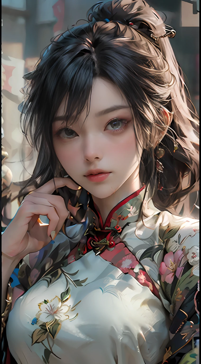 ((Best Quality)), ((Masterpiece)), (Details: 1.4), 3D, A Beautiful Female Figure, HDR (High Dynamic Range), Ancient Chinese Costumes, Satin Clothing, Feminine and Sexy, White Cheongsam, Green Hair Accessories, Tassel Earrings, Ray Tracing, NVIDIA RTX, Super-Resolution, Unreal 5, Subsurface Scattering, PBR Textures, Post Processing, Anisotropic Filtering, Depth of Field, Maximum Sharpness and Clarity, Multi-layer textures, albedo and specular mapping, surface shading, accurate simulation of light-material interactions, perfect proportions, Octane Render, two-color light, large aperture, low ISO, white balance, rule of thirds, 8K RAW, ultra-fine detail facial features, facial details, finger details
