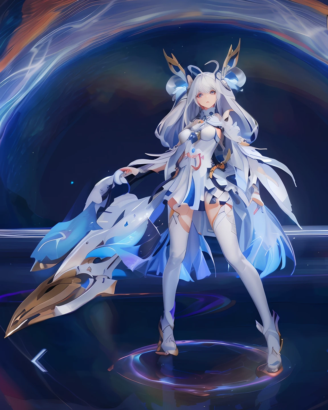 anime - style image of a woman in a white dress holding a sword, full-body xianxia, knights of zodiac girl, lunar themed attire, Keqing from Genshin Impact, Portrait Chevaliers du Zodiaque Fille, White-haired god, cyborg goddess in cosmos, goddess of galaxies, echo from overwatch, heise jinyao, aion, seraphine ahri kda