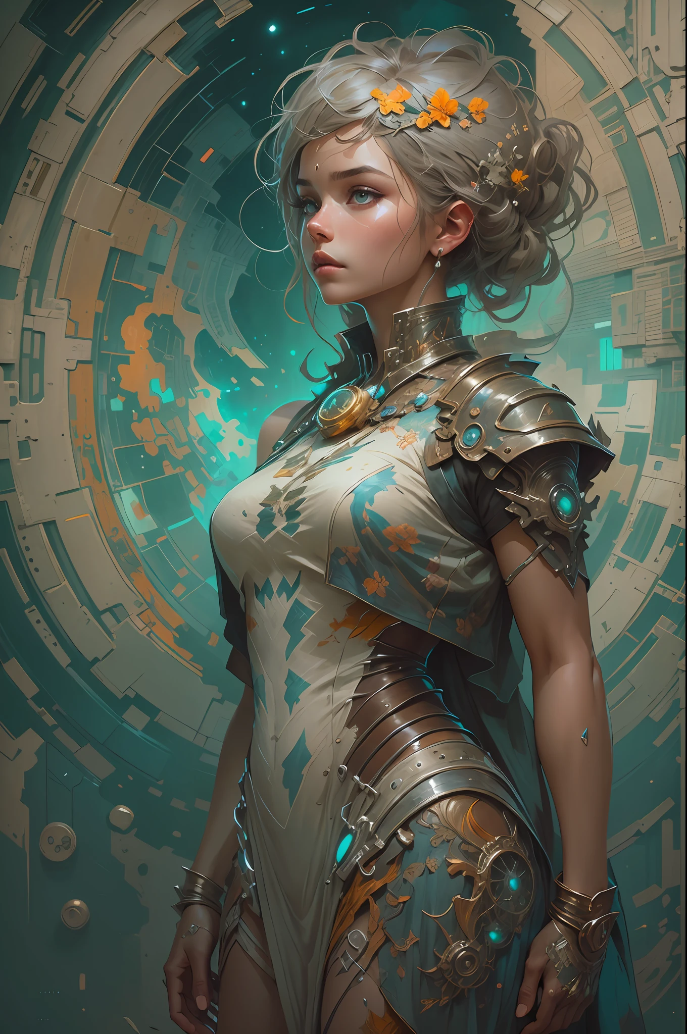 Portrait of a girl standing on a marvelous stone, standing gitl:1.2, (Low contrast ), colorfantasystyle， Oil painting on matte canvas, sharp detailed, the expanse scifi spacescape ceres colony, Intricate, Highly detailed, Digital painting, plethora of colors, smooth, Sharp focus, illustration, Unreal Engine 5, 8K, art by artgerm and greg rutkowski and alphonse mucha , art by midjourney