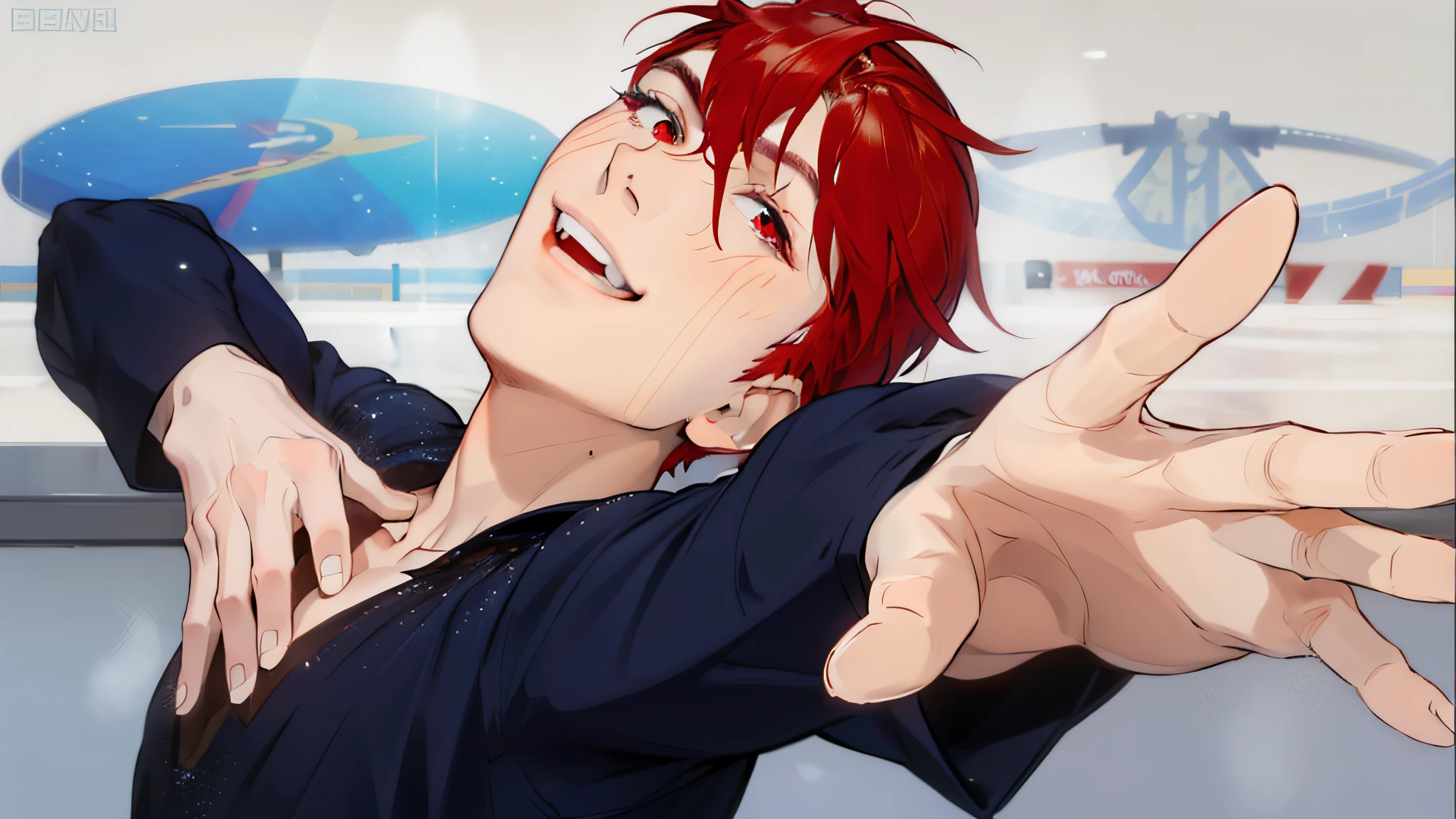 Anime guy with red hair and black shirt reaching out to touch something -  SeaArt AI