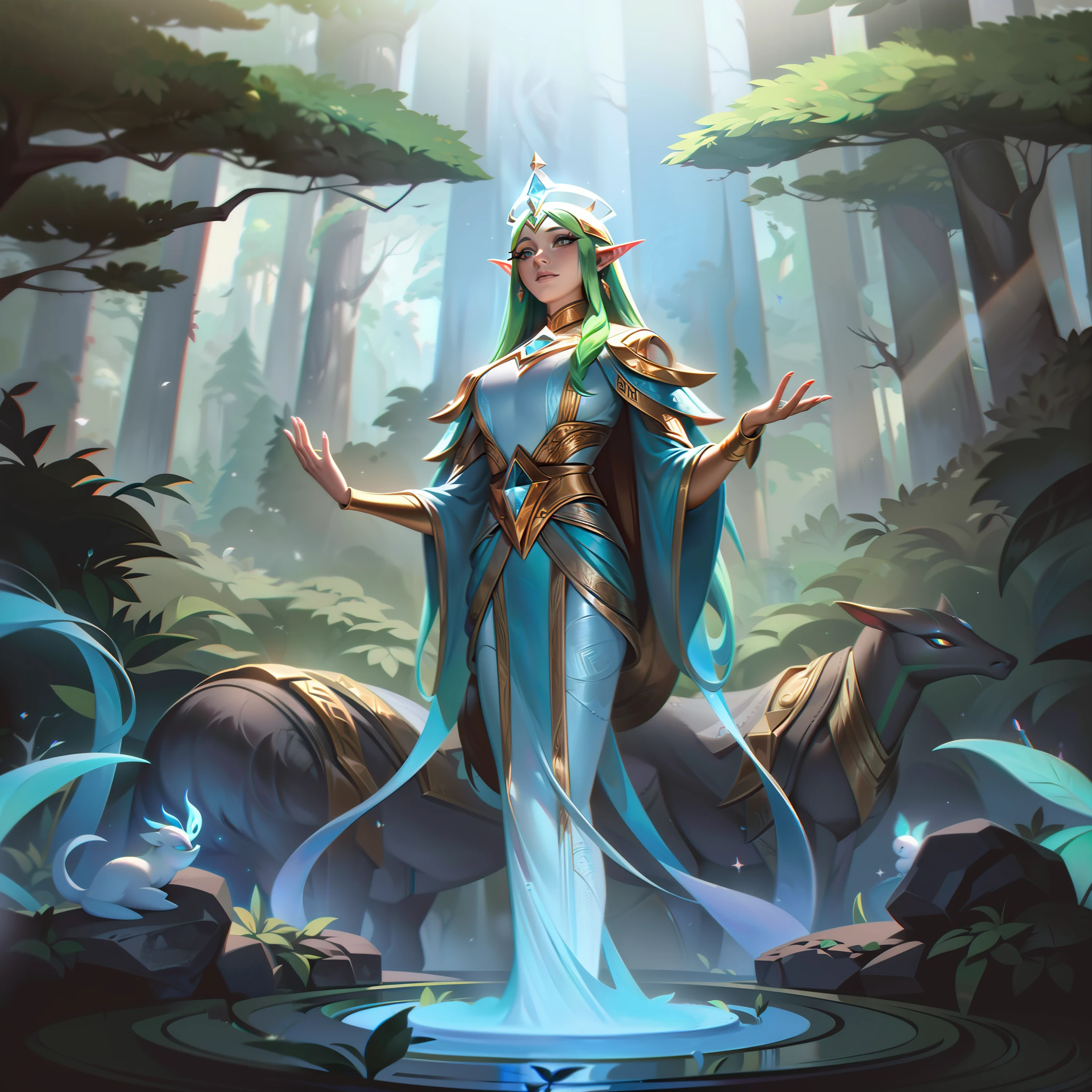 ((melhor qualidade)), ((obra-prima)), (detalhado: 1.4), ..3d, Na arte splash da pele base, Moonshadow Ekyzia sits amidst a mystical clearing in the heart of the ancient forest of Verdano. Banhado ao luar, The serene elven priestess radiates a soft aura of tranquility, seus olhos de esmeralda refletindo a sabedoria do mundo natural. His flowing robes have intricate patterns of moon and leaf motifs, elegantemente adornado com cristais cintilantes. Sua equipe, imbued with the essence of nature, emite um brilho suave que ilumina o ambiente verdejante. Aelrindel's divine blessing resonates through the air, Conjuring Ethereal Wisps of Moonlit Energy, that intertwine with the flora and fauna around them. Neste momento harmonioso, Ekyzia exudes an aura of spiritual connection, Incarnating the sacred bond between the elves and their revered goddess, symbolizing her role as a devotee of Aelrindel and guardian of the delicate balance of the forest.,HDR (high dynamic range),ray tracing,NVIDIA RTX,Super-Resolution,irreal 5,Subsurface dispersão, Textura PBR, Post-processing, anisotropic filtering, profundidade de campo, Maximum clarity and sharpness, texturas multicamadas, Albedo e mapas Speculares, surface shading, Accurate simulation of light-material interaction, perfectly proportions, octan render, Two-tone lighting,Abertura ampla,ISO baixo,White balance,thirds rule,8K BRUTO,