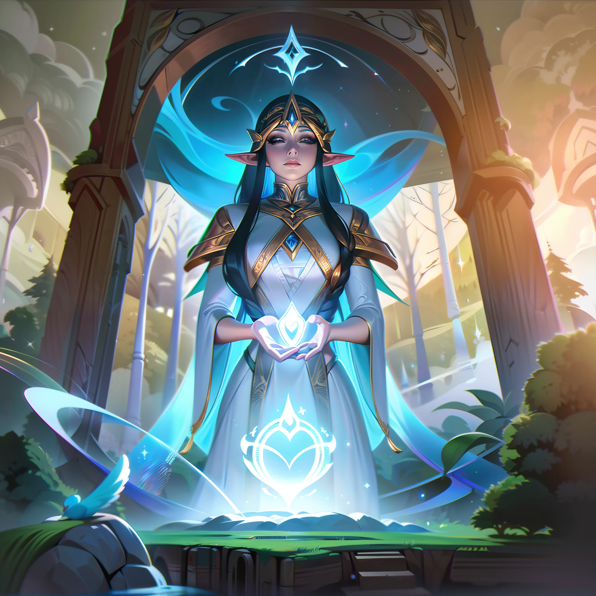 ((melhor qualidade)), ((obra-prima)), (detalhado: 1.4), ..3d, Na arte splash da pele base, Moonshadow Ekyzia sits amidst a mystical clearing in the heart of the ancient forest of Verdano. Banhado ao luar, The serene elven priestess radiates a soft aura of tranquility, seus olhos de esmeralda refletindo a sabedoria do mundo natural. His flowing robes have intricate patterns of moon and leaf motifs, elegantemente adornado com cristais cintilantes. Sua equipe, imbued with the essence of nature, emite um brilho suave que ilumina o ambiente verdejante. Aelrindel's divine blessing resonates through the air, Conjuring Ethereal Wisps of Moonlit Energy, that intertwine with the flora and fauna around them. Neste momento harmonioso, Ekyzia exudes an aura of spiritual connection, Incarnating the sacred bond between the elves and their revered goddess, symbolizing her role as a devotee of Aelrindel and guardian of the delicate balance of the forest.,HDR (high dynamic range),ray tracing,NVIDIA RTX,Super-Resolution,irreal 5,Subsurface dispersão, Textura PBR, Post-processing, anisotropic filtering, profundidade de campo, Maximum clarity and sharpness, texturas multicamadas, Albedo e mapas Speculares, surface shading, Accurate simulation of light-material interaction, perfectly proportions, octan render, Two-tone lighting,Abertura ampla,ISO baixo,White balance,thirds rule,8K BRUTO,