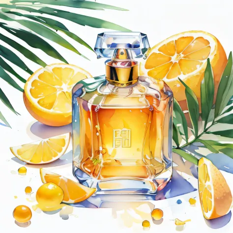 there is a painting of a bottle of perfume with oranges and leaves, watercolor artwork of exotic, by Yang J, by Zeen Chin, perfu...